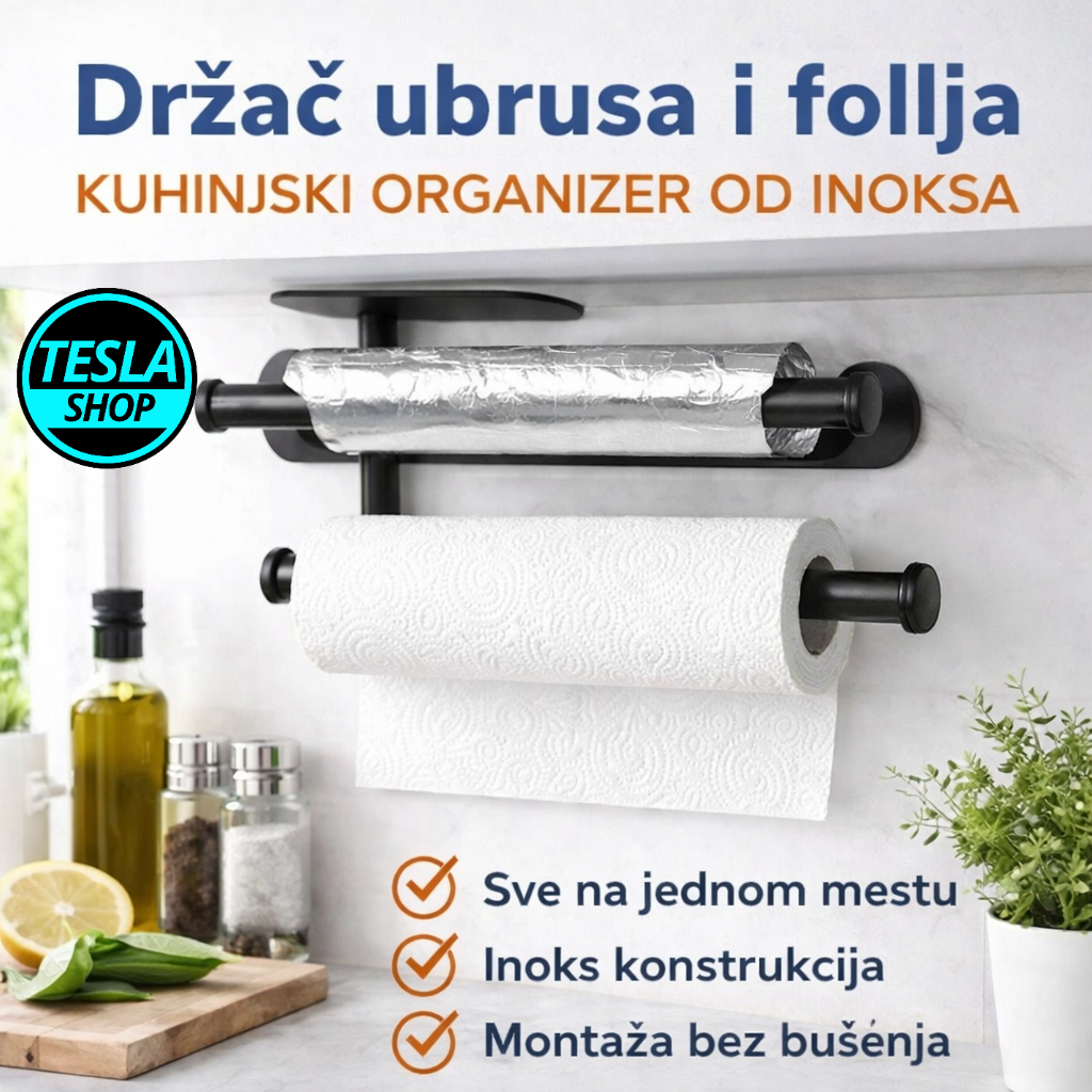 Držač ubrusa i folija – kuhinjski organizer od inoksa (samolepljivi)