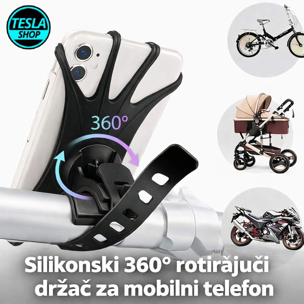 Silikonski 360° rotirajući držač za mobilni telefon – za bicikle, bebi kolica i skutere